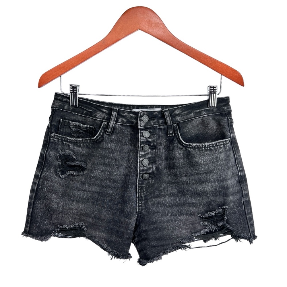 YMI Womens Dream Exposed Button Jean Shorts Size 29 in W Black Rips Distressed